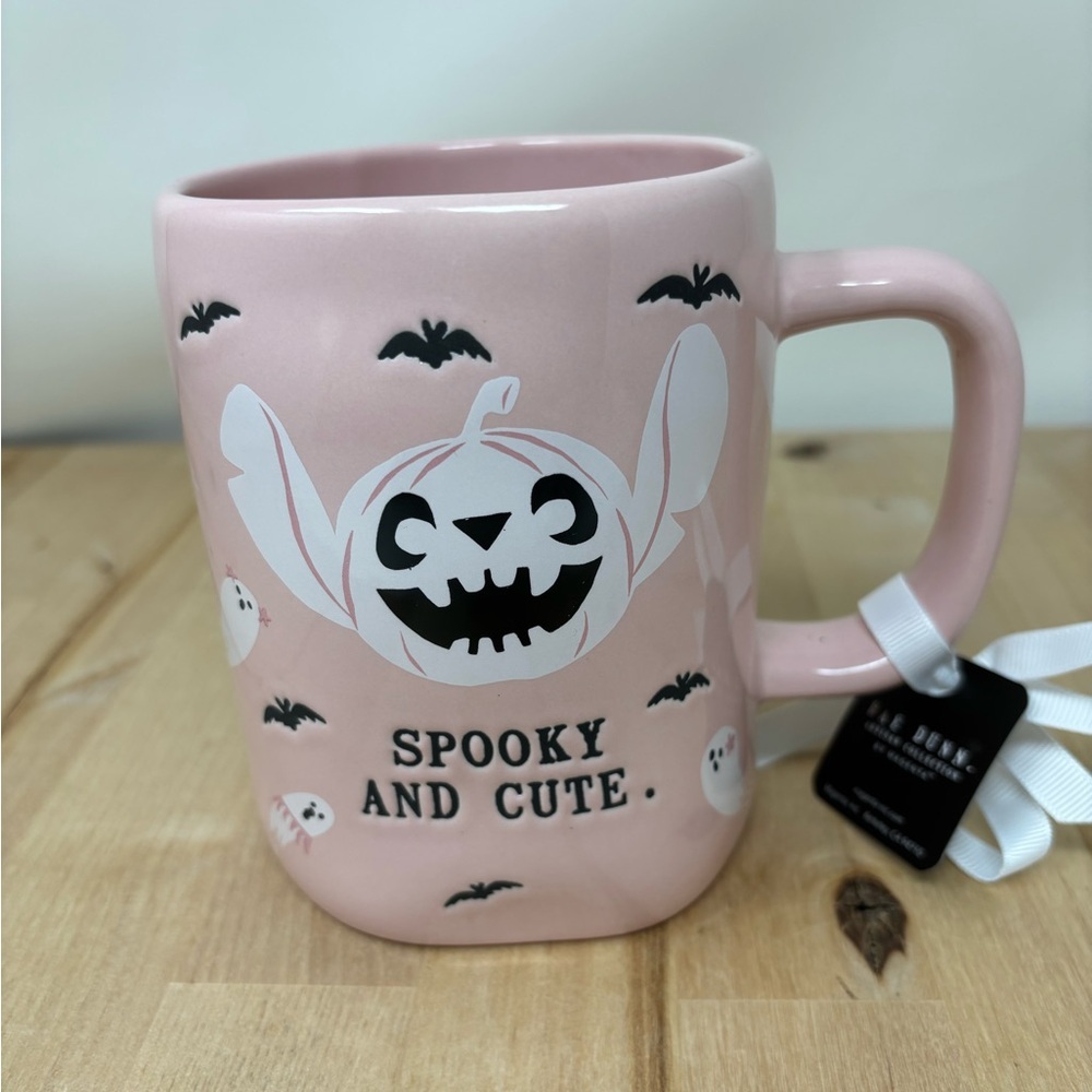 Rae Dunn SPOOKY AND CUTE Stitch Mug Pink Double Sided Halloween Collection New